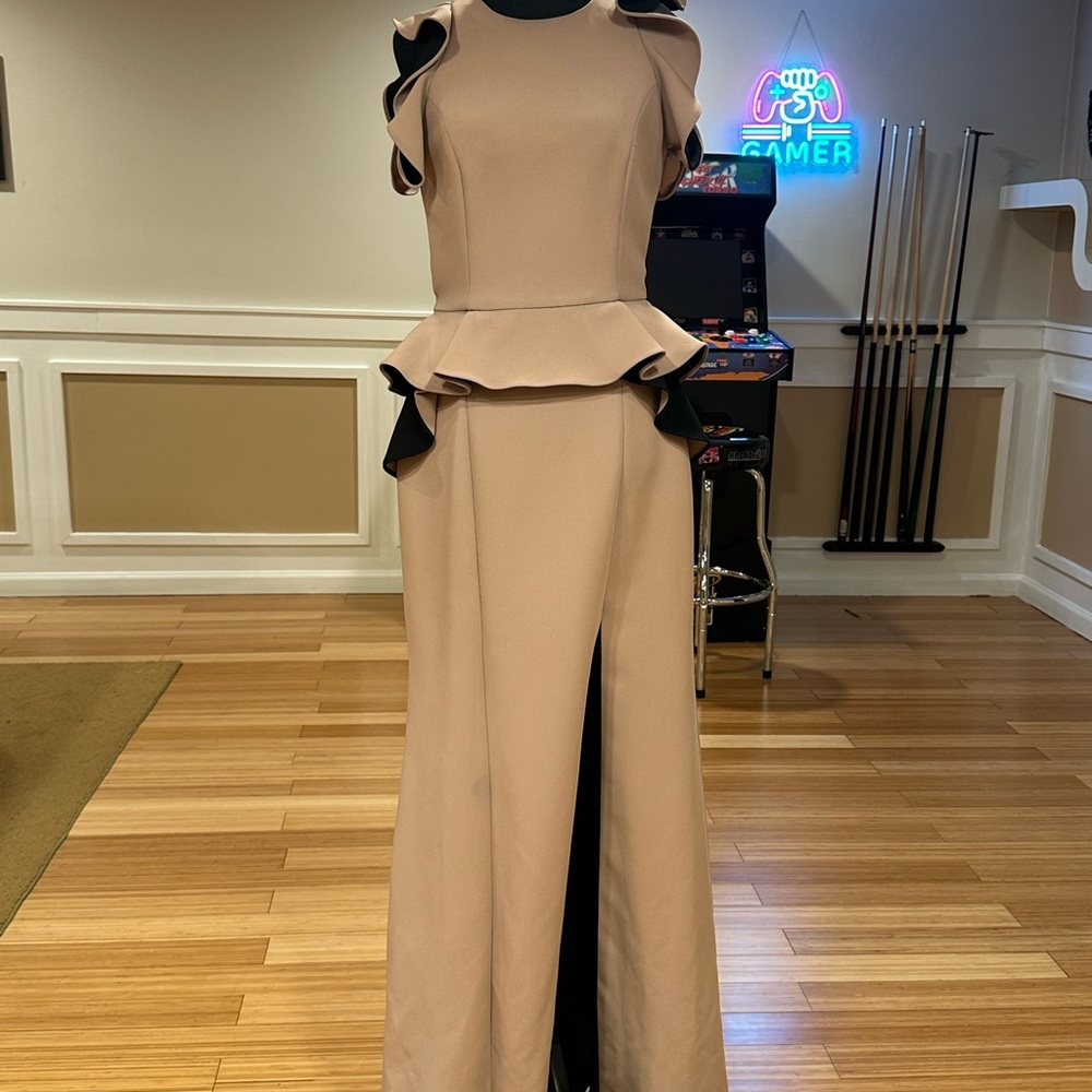 Elegant Tan Peplum Gown with Black Accents
